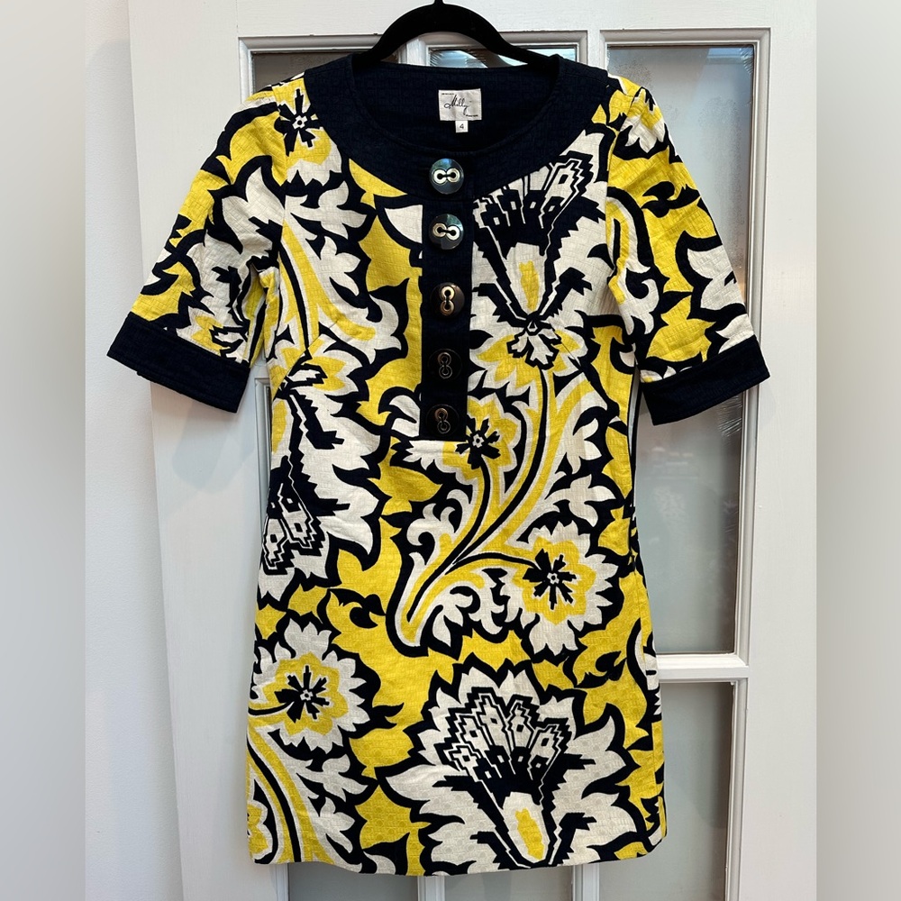 Vintage An Original Milly of New York Cotton Navy & Yellow Floral Dress Size 4